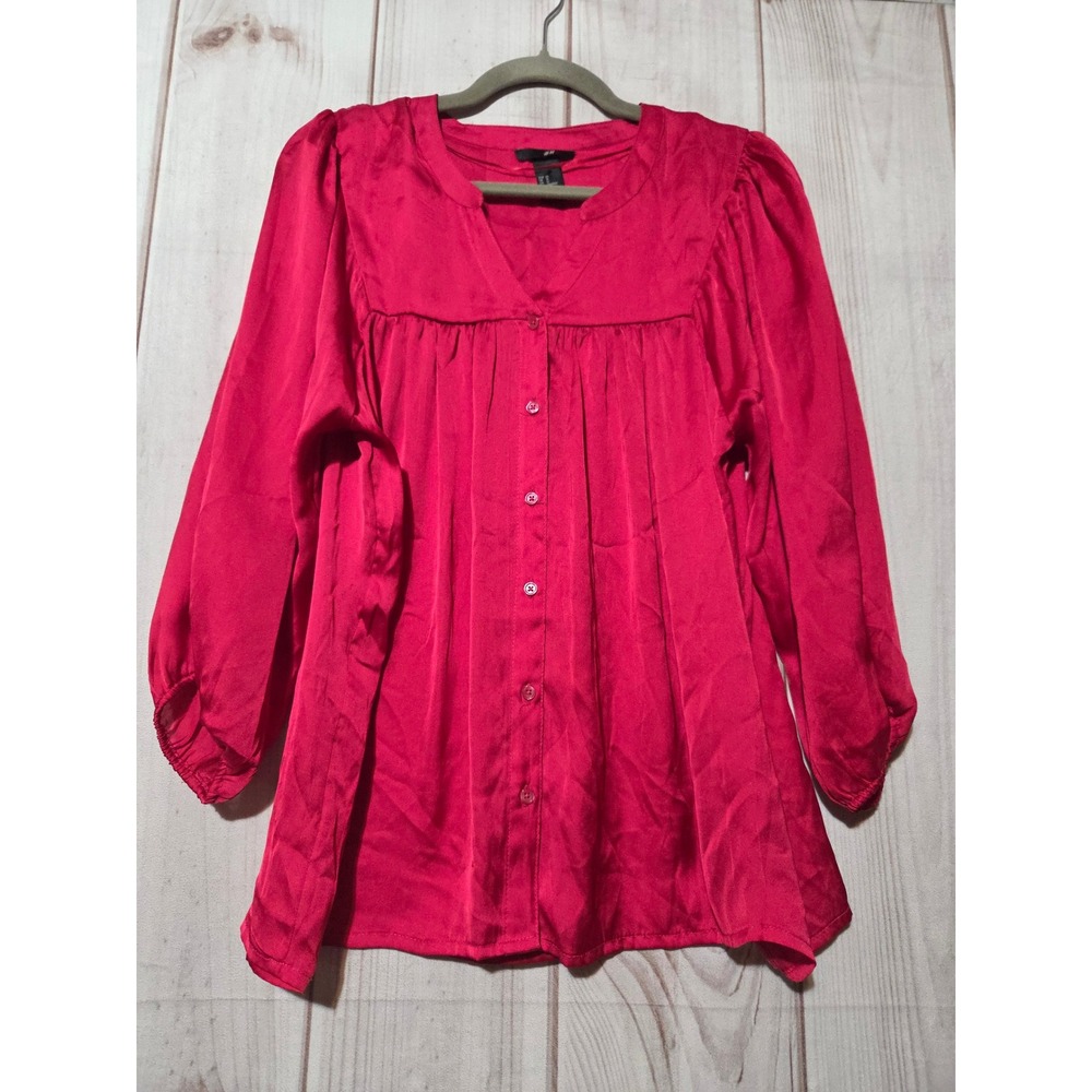 HM Womens Pink Satin Button Down Blouse V-Neck Long Sleeve Top Size 12 Preppy